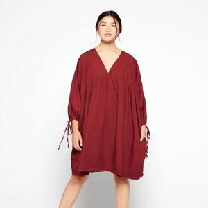 Gracemade Miriam Shift Dress Womens Small Rust Pleated Organic Cotton V Neck NWT